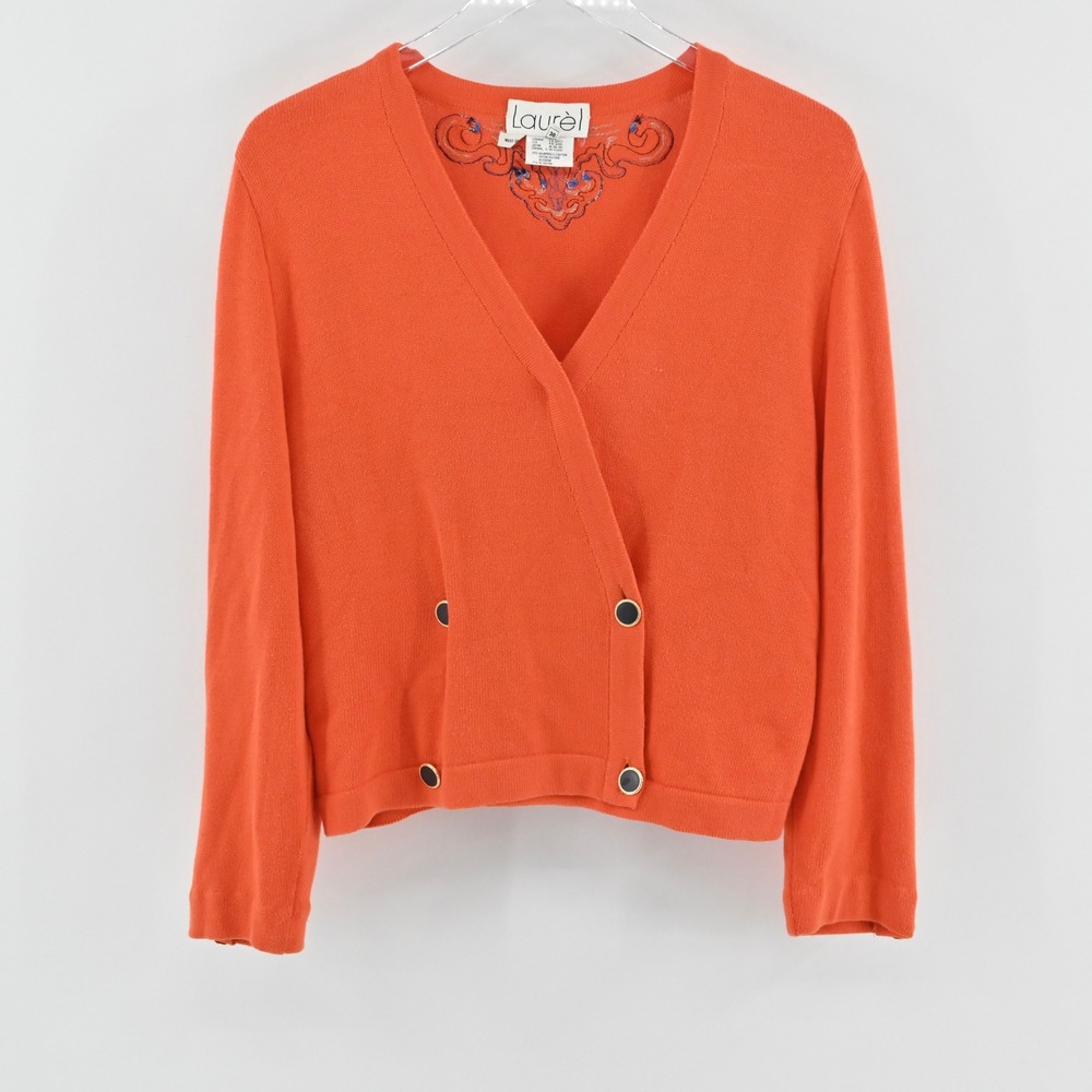 Vtg Laurel by Escada Womens Embroidered Cardigan Size 38 Orange Cotton Halloween